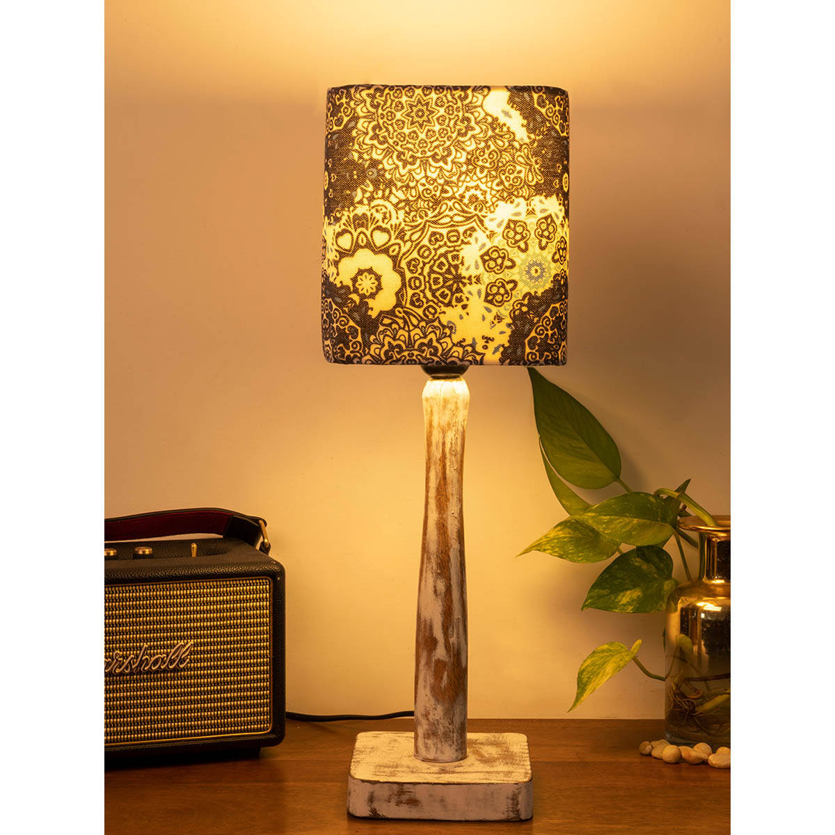 Green Girgit Curve Distress White Lamp with Blue Batik Print Shade
