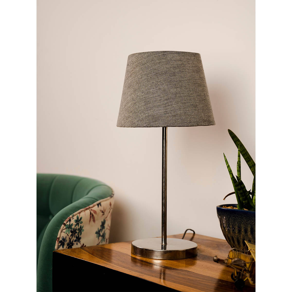 Green Girgit Metal Chrome Finish Lamp with Smare Taper Grey Shade