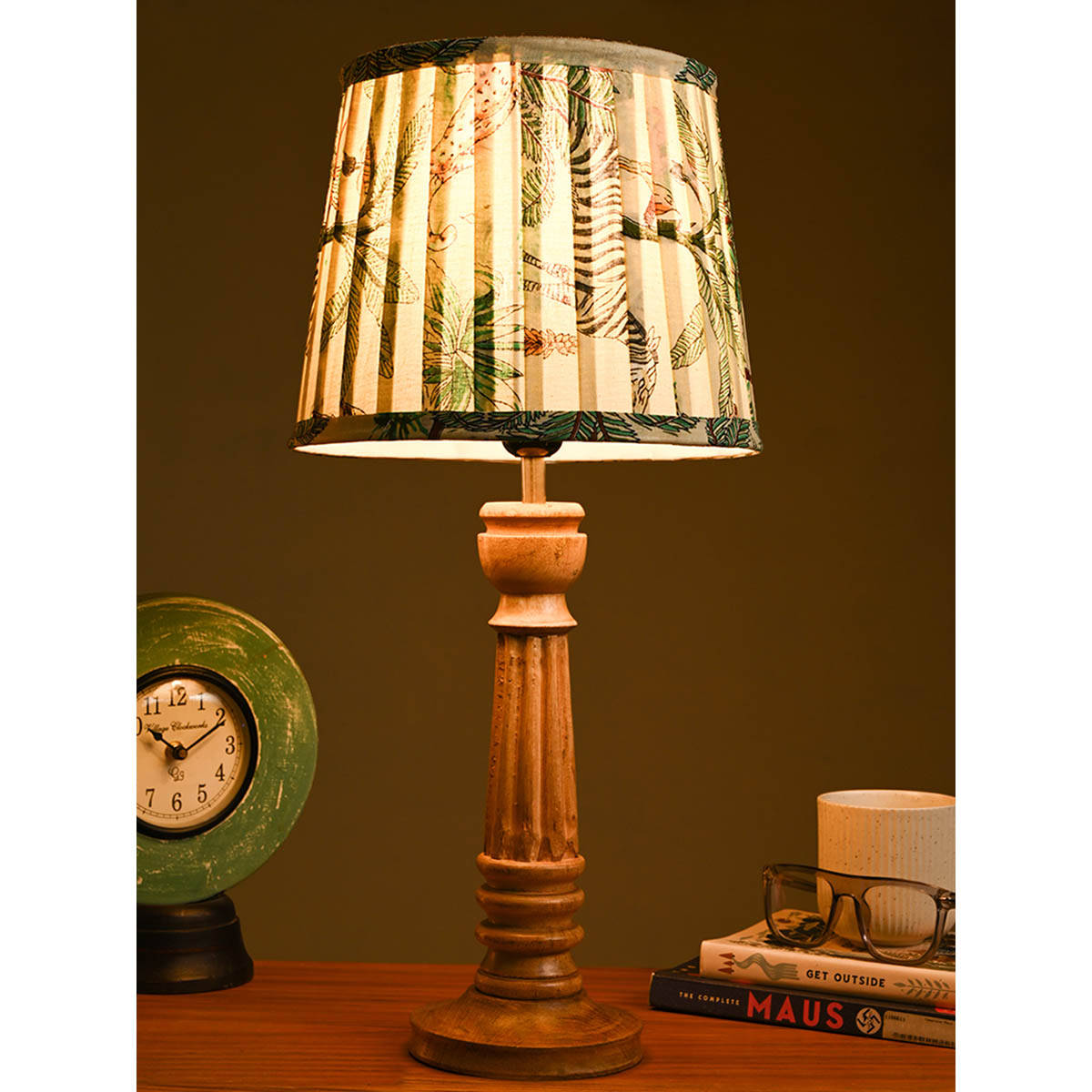 Green Girgit Wooden Pillar Lamp with Pleated Multicolour Green Shade