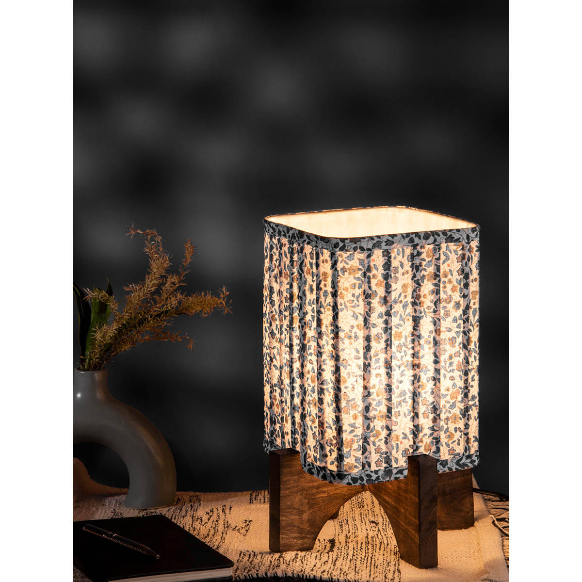 Green Girgit Wooden Base Lamp with pleated Blue Tiny leaves Soft Shade