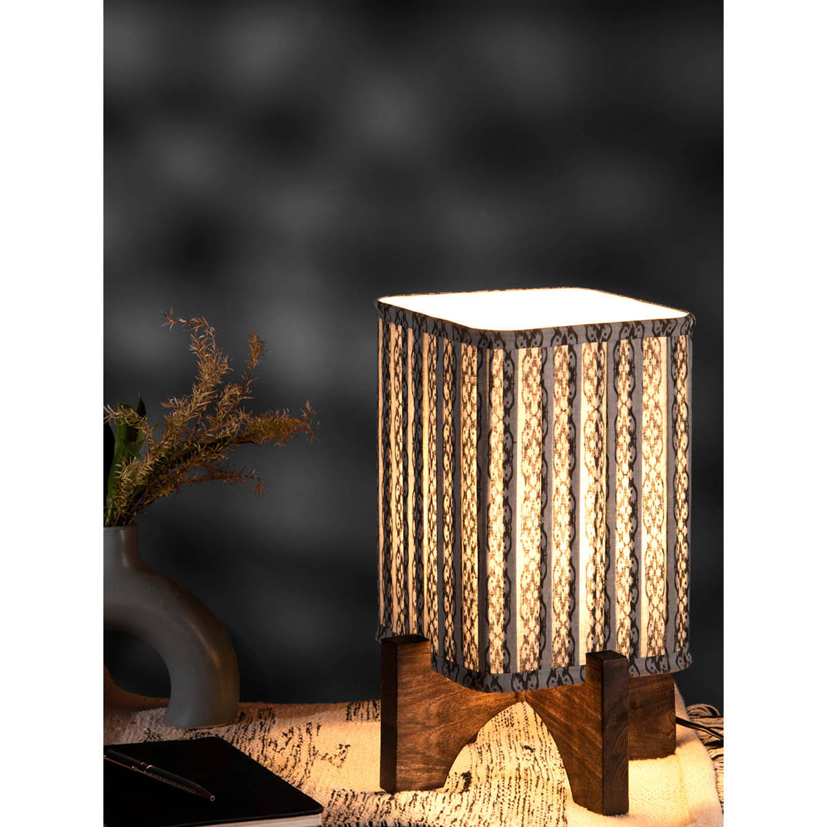 Green Girgit Wooden Base Lamp with pleated Grey Chain print Soft Shade