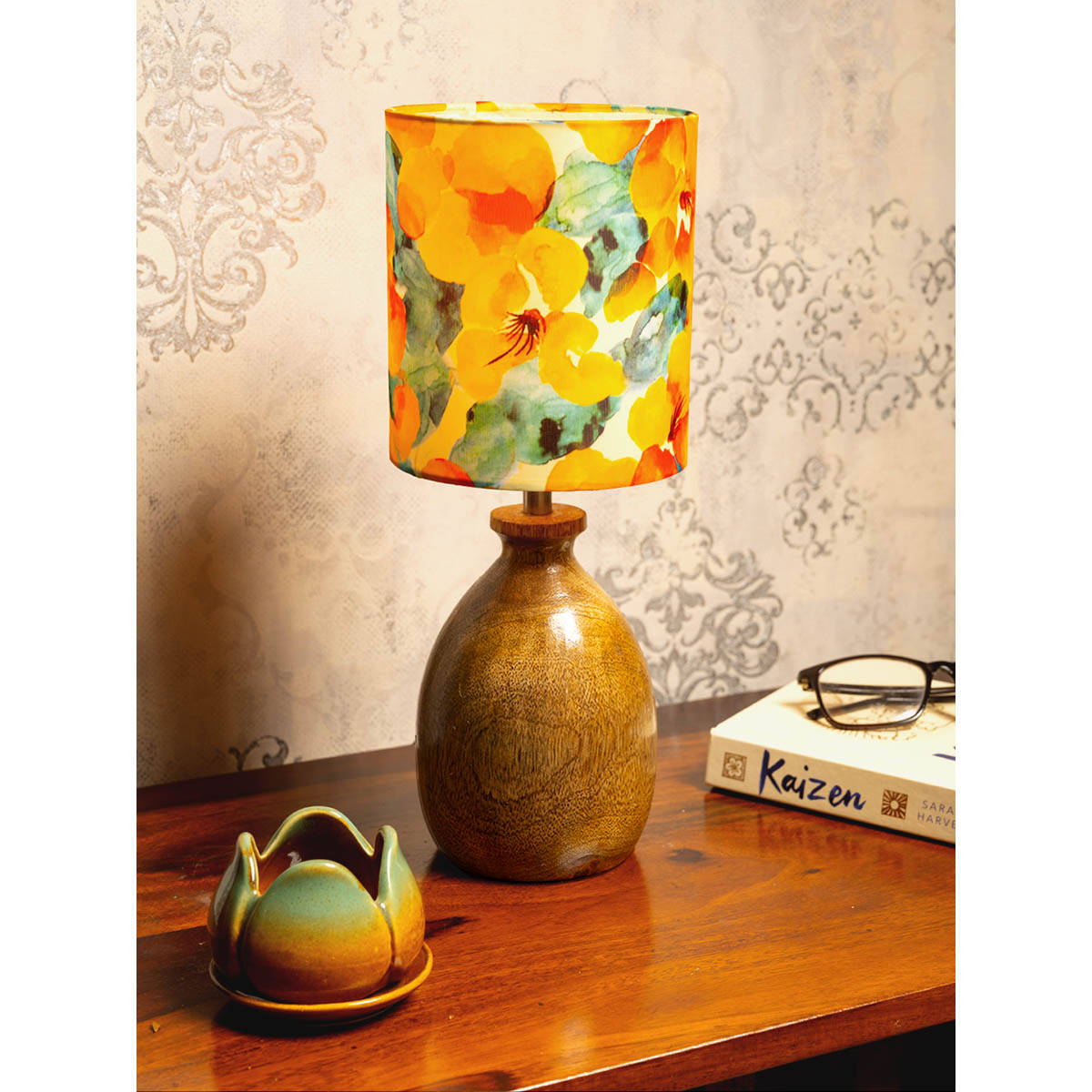Green Girgit Wooden Dome Table with Multicolour Orange Lamp