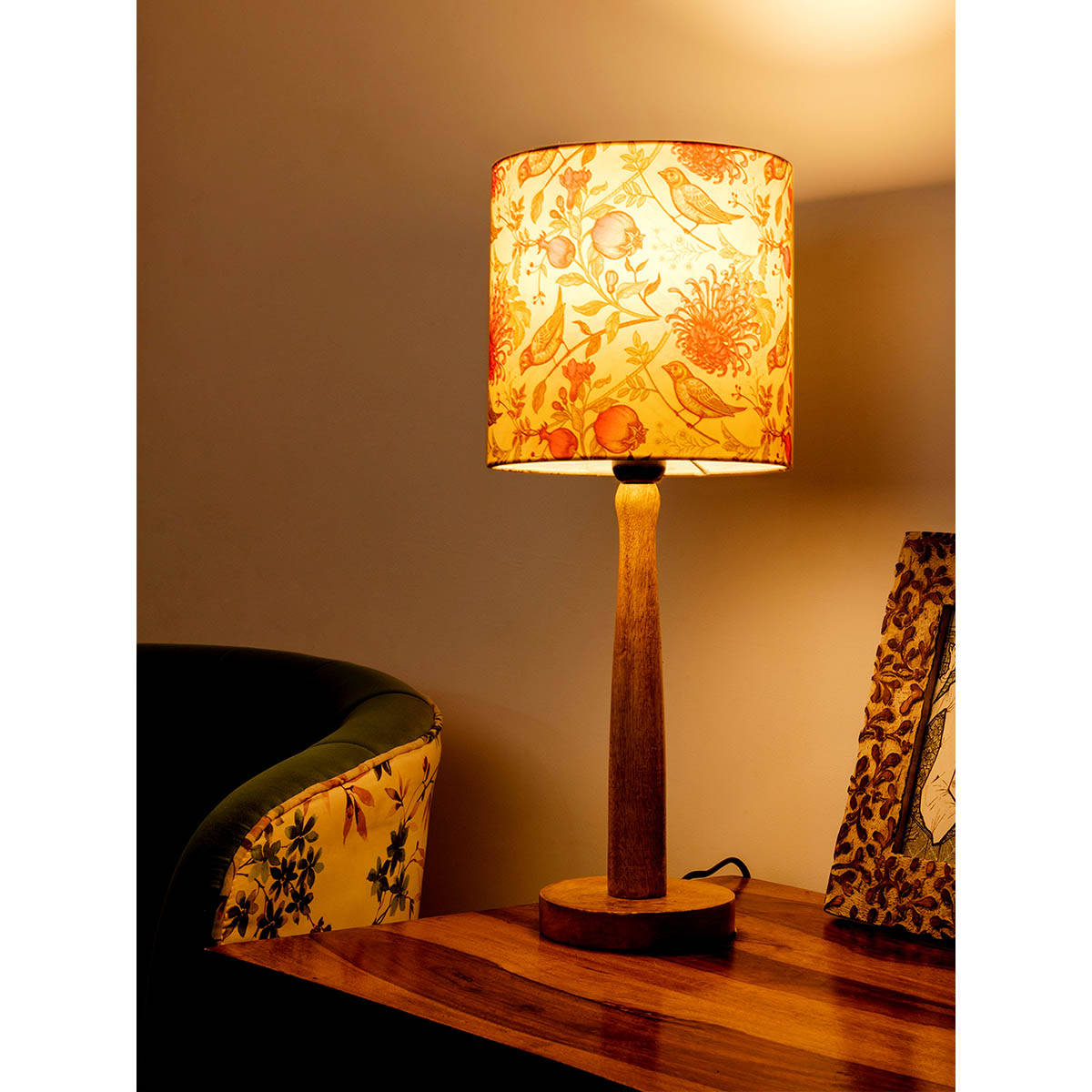 Green Girgit Wooden Lamp with Birdy Shade