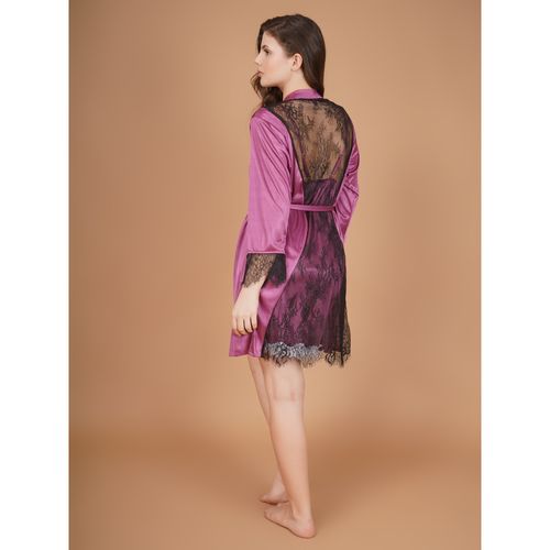 Buy Shararat Lace Detailed Violet Satin Babydoll And Robe with 
