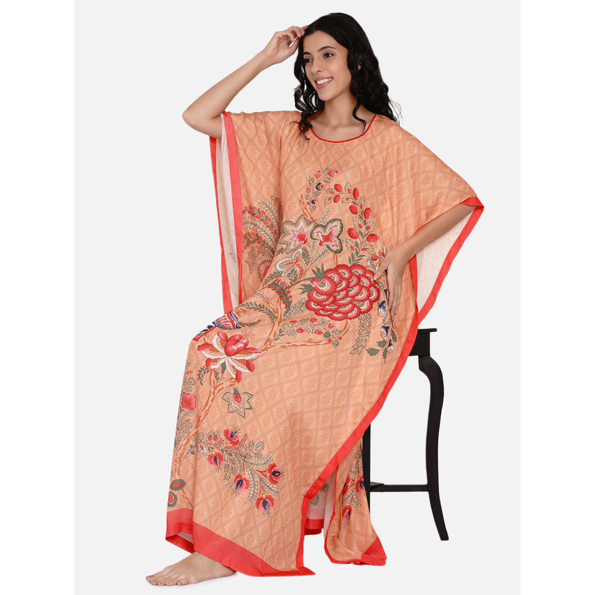 Women'S Red Rayon Floral Kaftan Pant Set