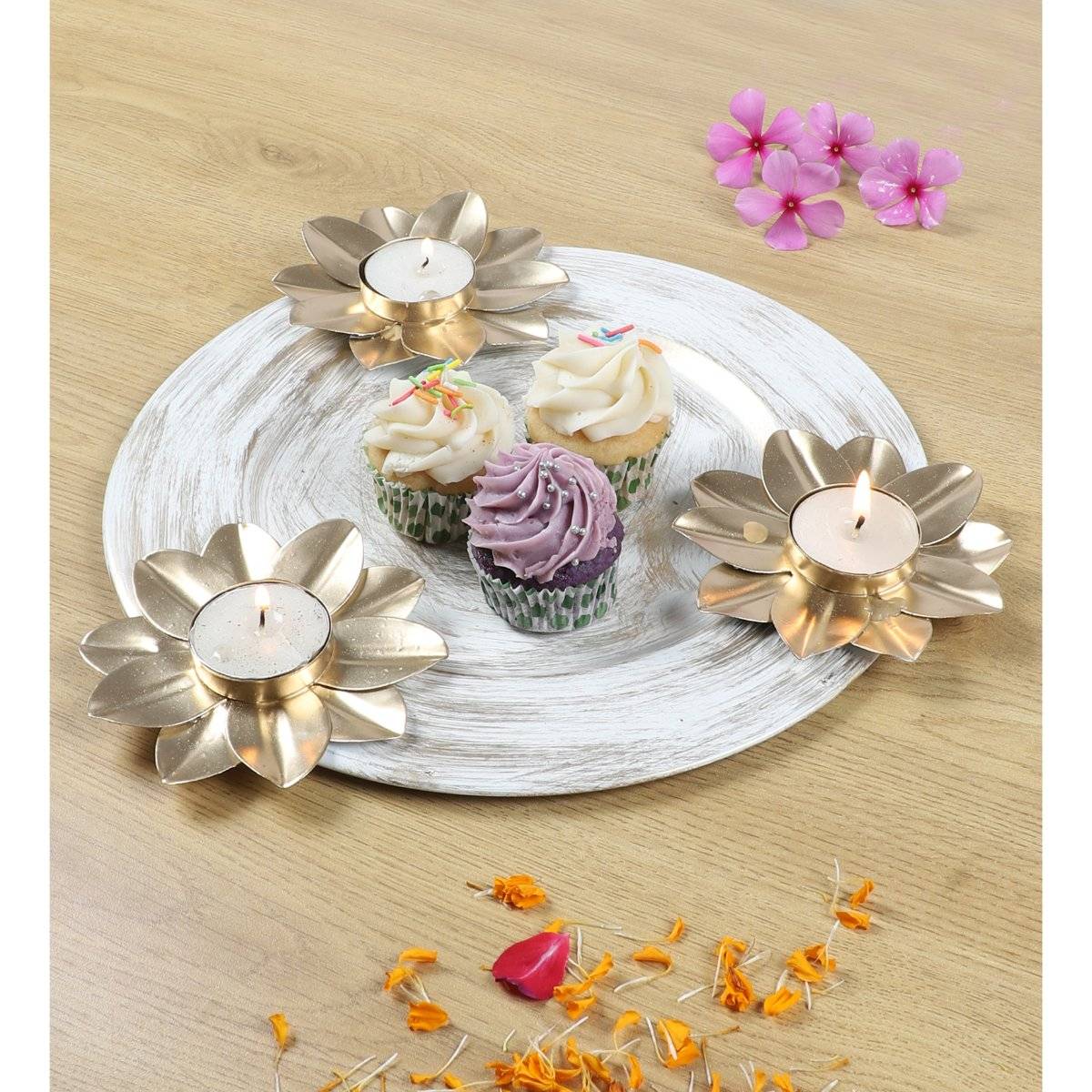 Amaya Decors White & Gold Platter With Tealight Holder