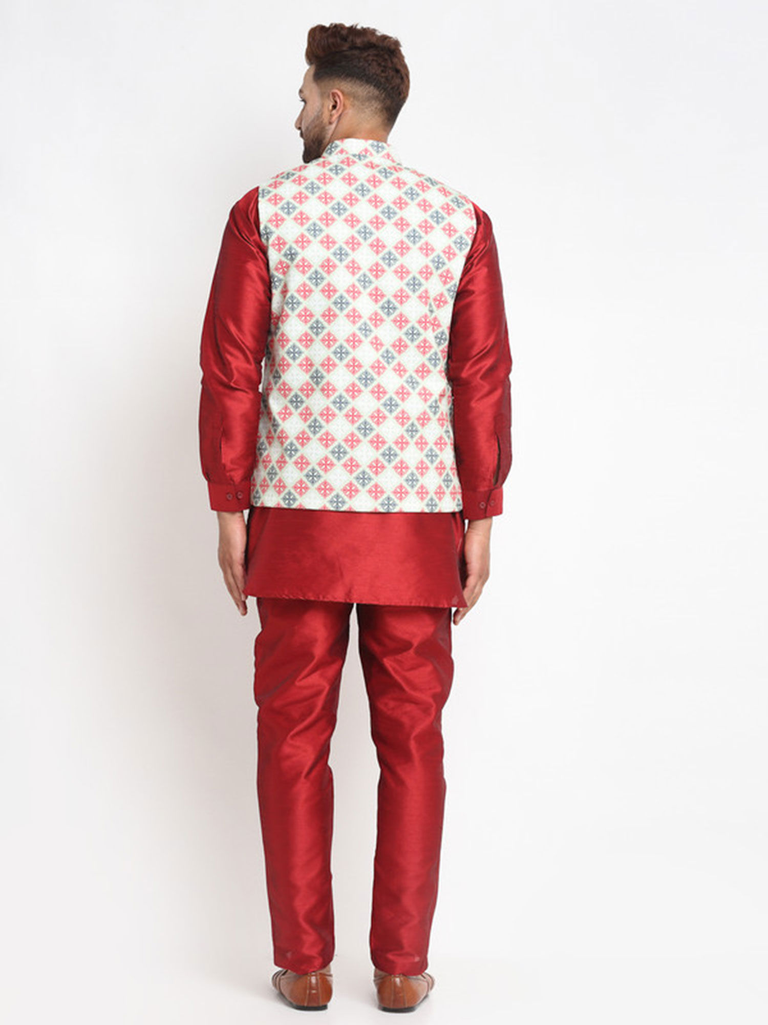 Buy Benstoke Mens Silk Kurta Pajama with Printed Nehru Jacket Set