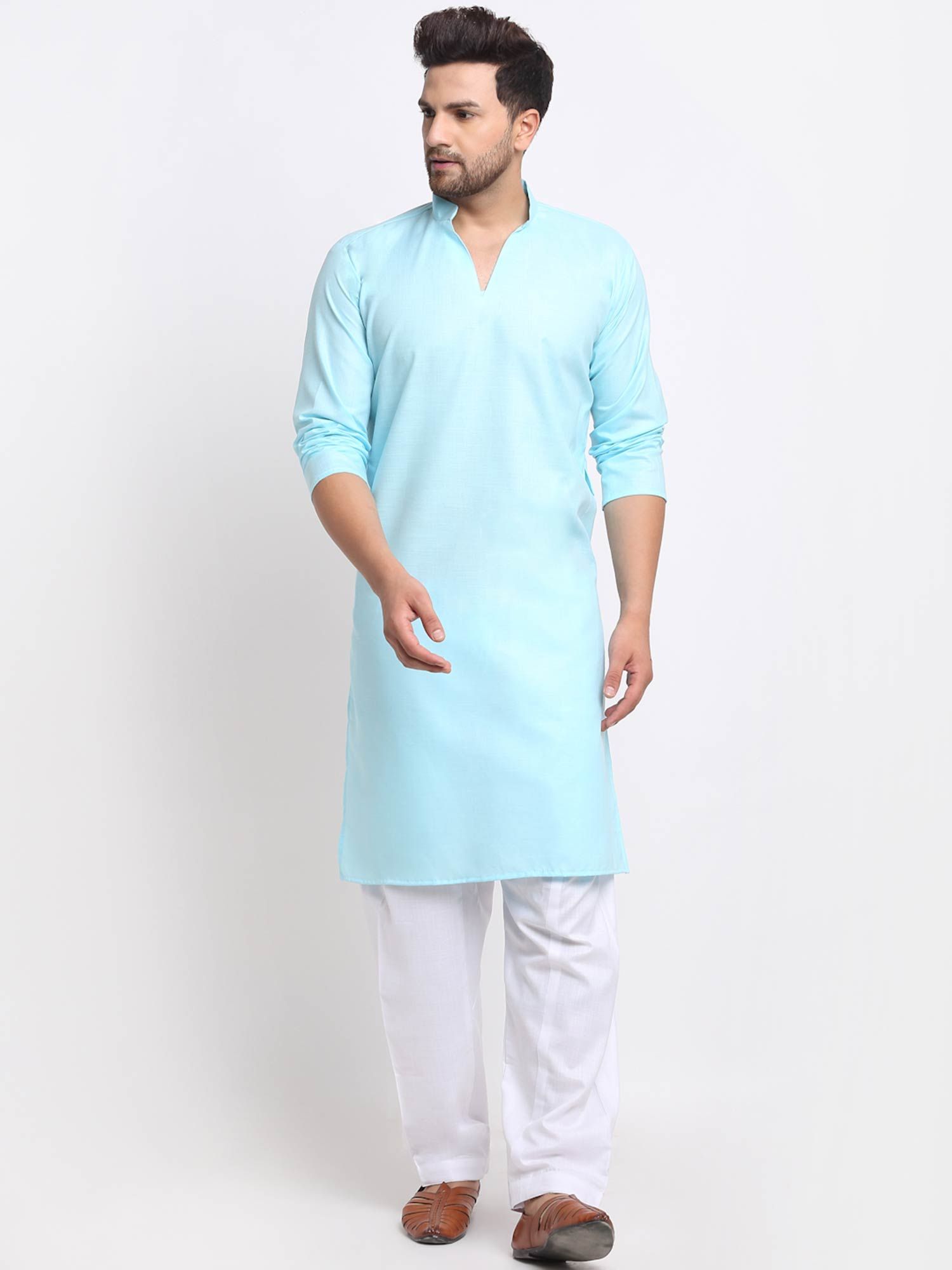 Buy Benstoke Mens Sky Blue Solid Pathani Kurta With White Salwars