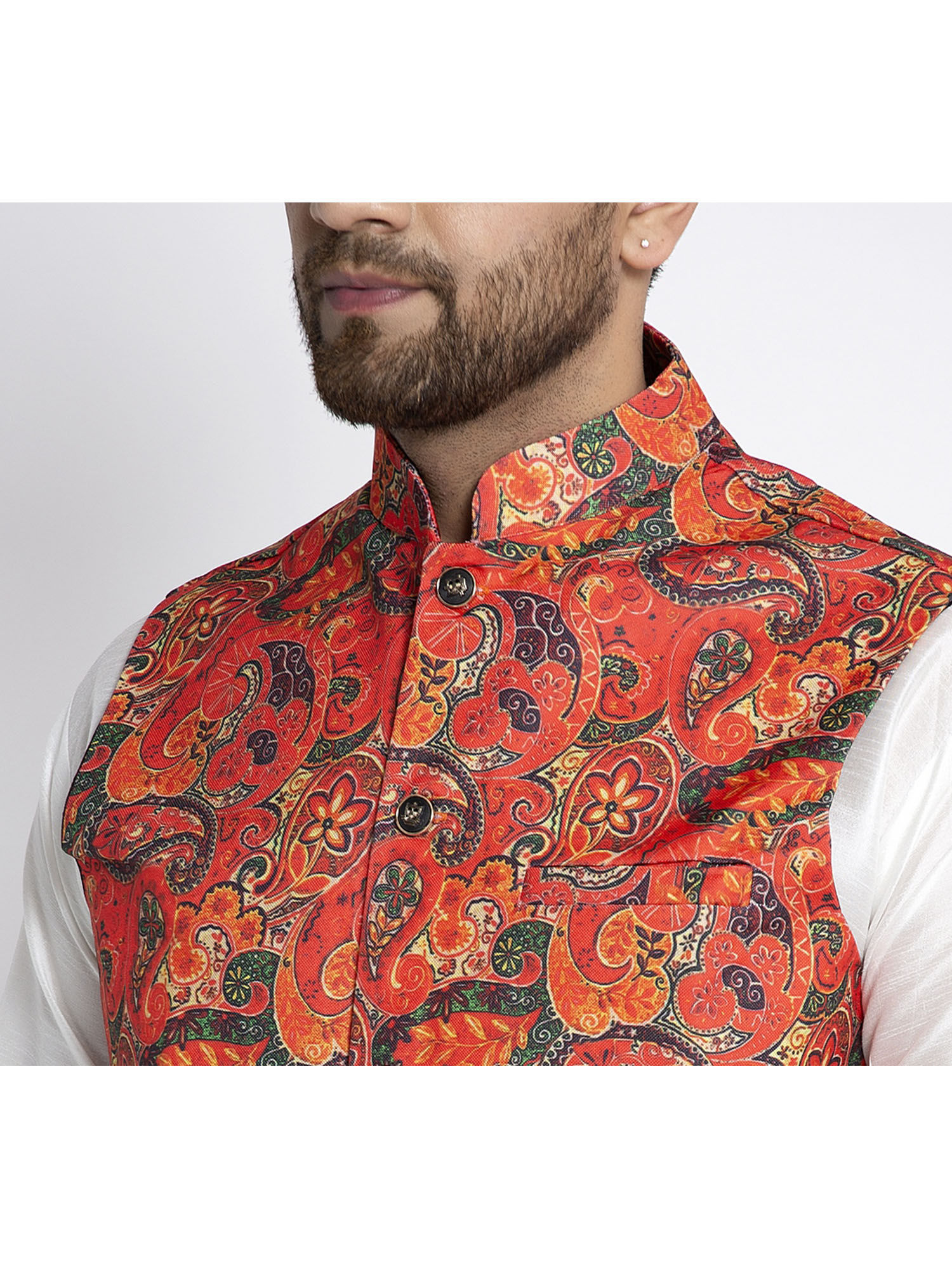 Buy Benstoke Mens Orange Multi Printed Nehru Jacket Online