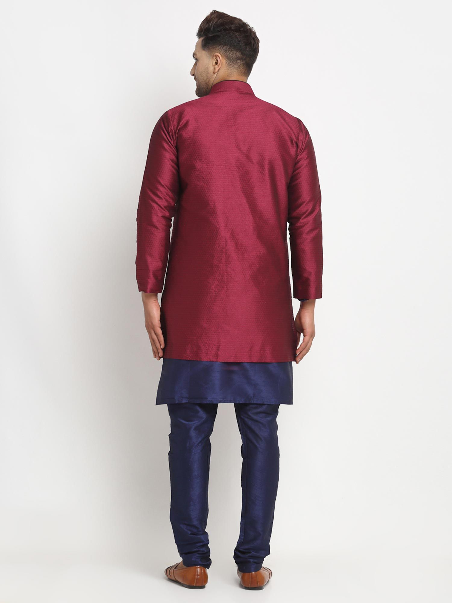 Buy Benstoke Men Navy Blue Kurta With Pyjama Burgundy Self Design