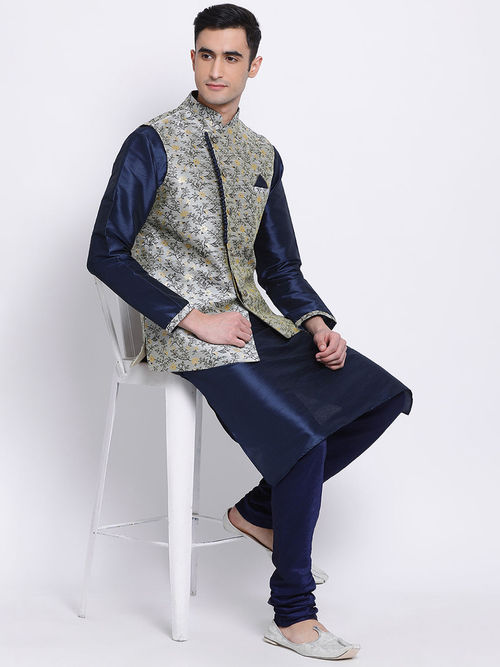 Sanwara Men Beige and Deep Blue Color Silk Blend Kurta And Pyjama With  Nehru Jacket (Set of 3)