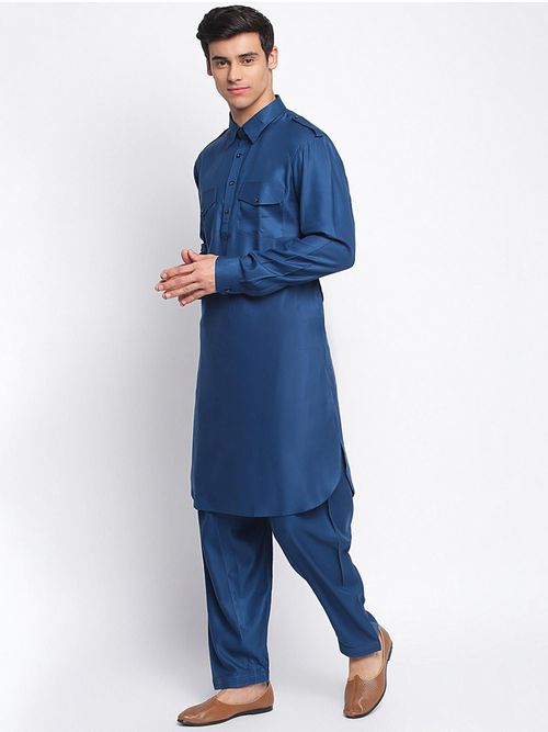 Buy Sanwara Men Denim Blue Cotton Solid Sleeves Kurta With