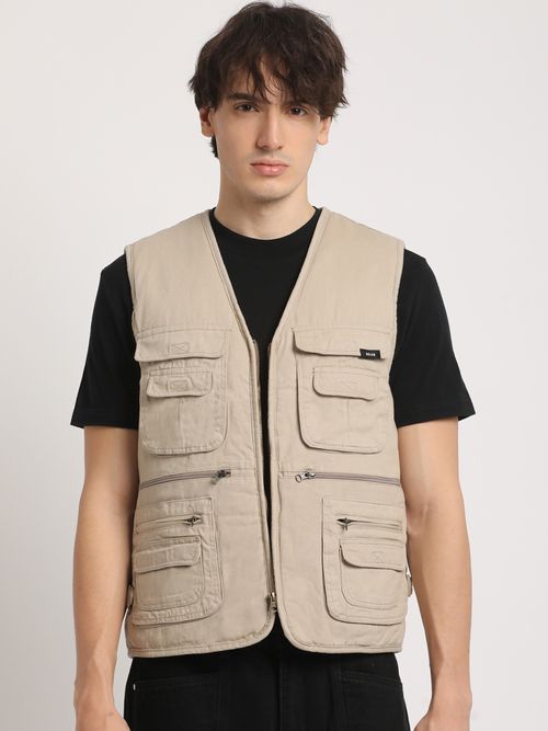 THE BEAR HOUSE Men Beige Solid Sleeveless Jacket