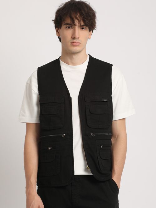THE BEAR HOUSE Men Black Solid Sleeveless Jacket