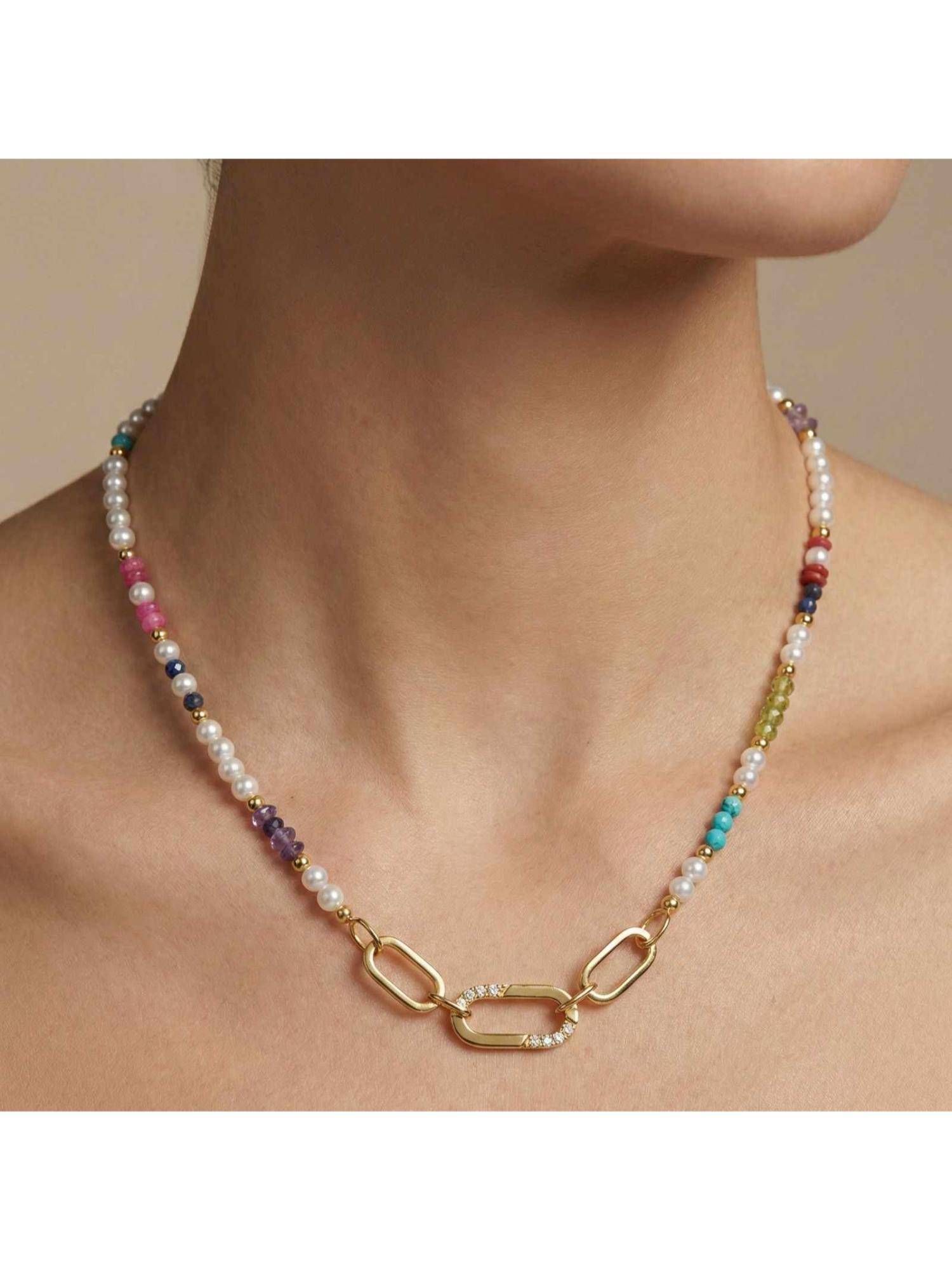 Nishani Women Sterling Silver Multi-Colour Link Beaded Necklace