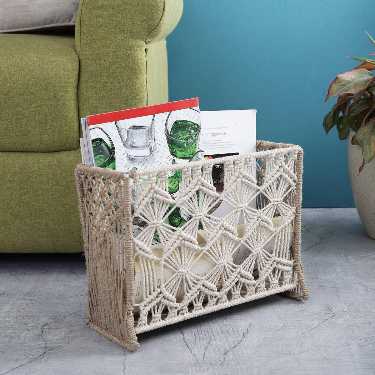 The Decor Mart Handcrafted Macrame File Organizer Knotted Cotton on Metal Wire Frame