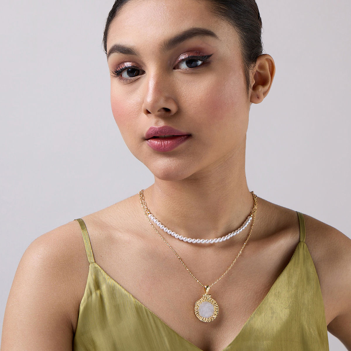 Clara , Gold Finish Mother of Pearl Pendant with chain and earrings se –  www.soosi.co.in
