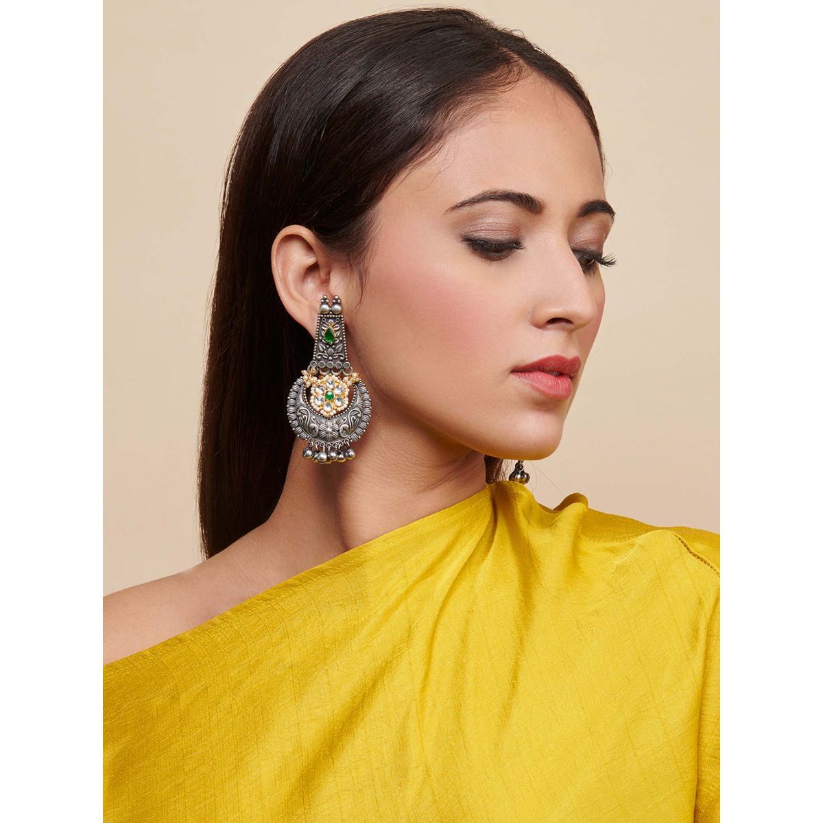 Curio Cottage Aria Green stones and Ghungroo Oxidised Chandbali Earrings