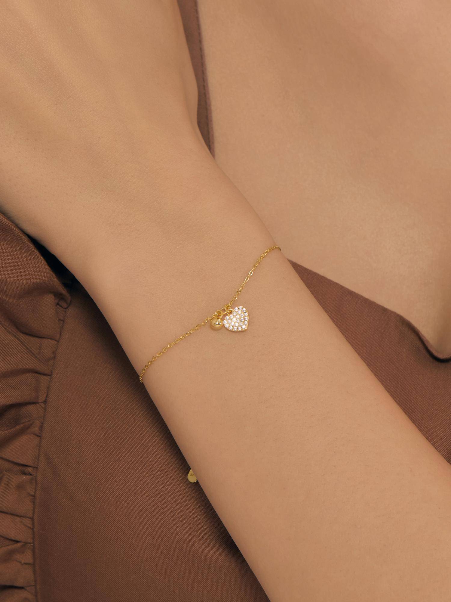 Nistra Women 925 Sterling Silver Gold Plated Glitter Heart Bracelet