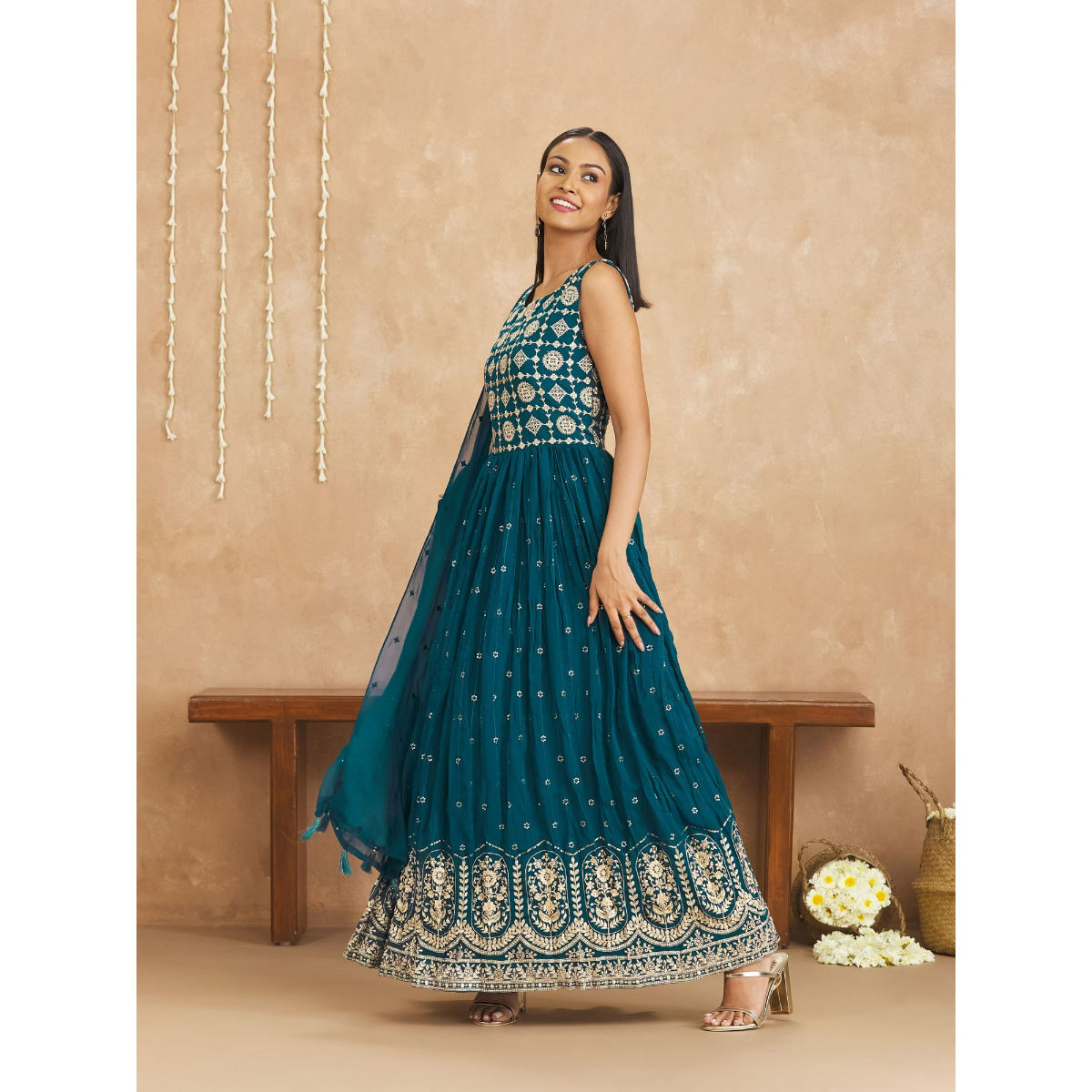 Buy Unique Royal Blue Colored Faux Georgette With Embroidered Stone Codding  Work Semi Stitched Party Wear DressVT3048118E