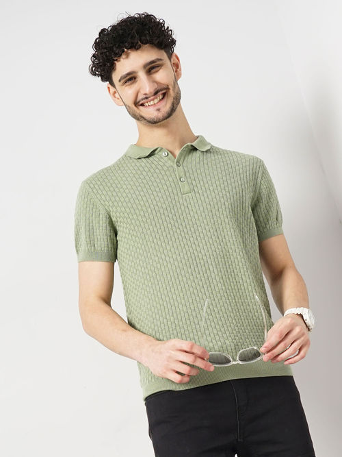 Buy CELIO Men Green Textured Regular Fit Cotton Flat Knit Polo T