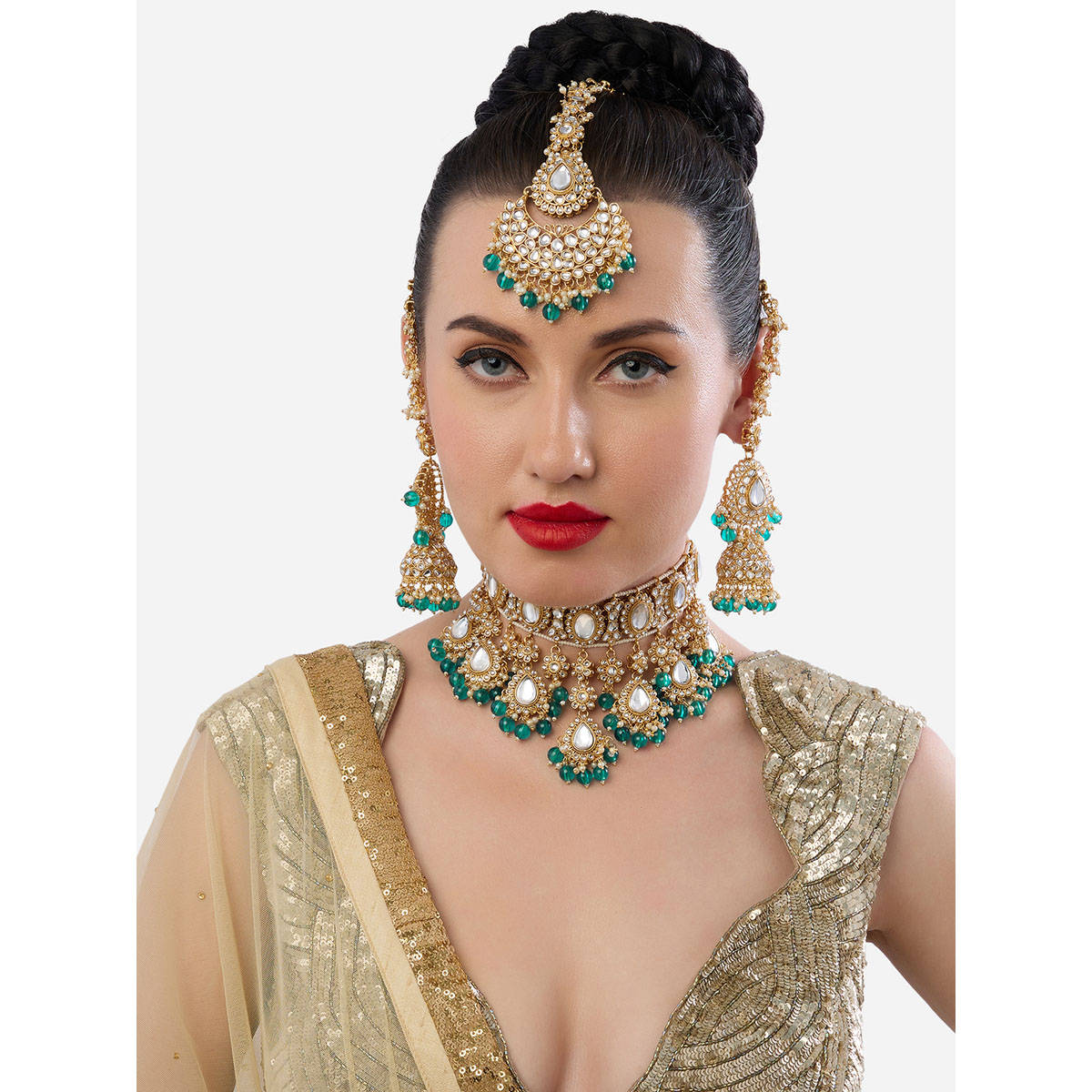 Zaveri Pearls Peacock Green Beads Choker Necklace Earrings and Maangtikka Set