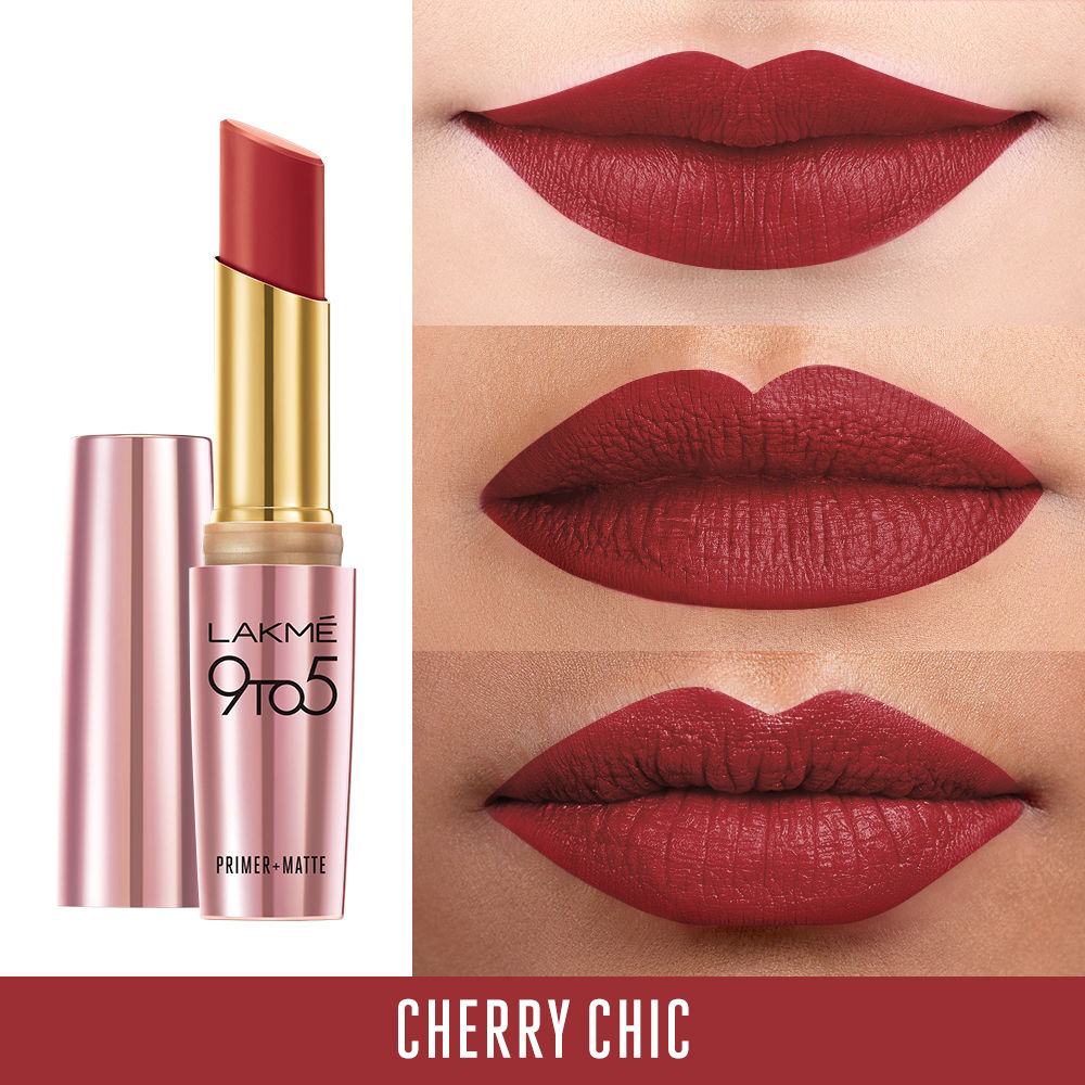 lakme 9 to 5 primer matte lipstick cherry chic review