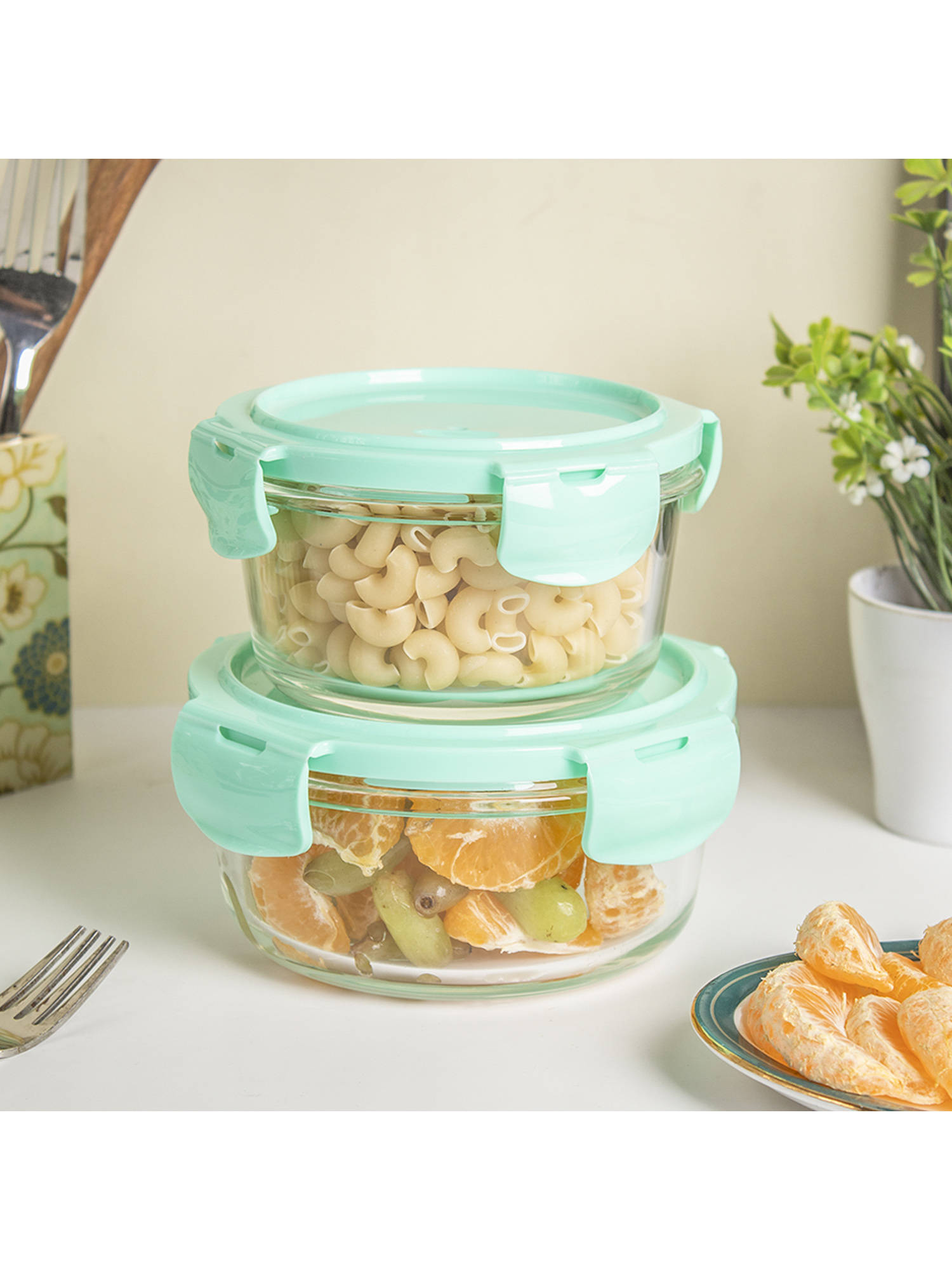 Voncasa Green Round Transparent High Borosilicate Glass Containers (Pack Of 2)
