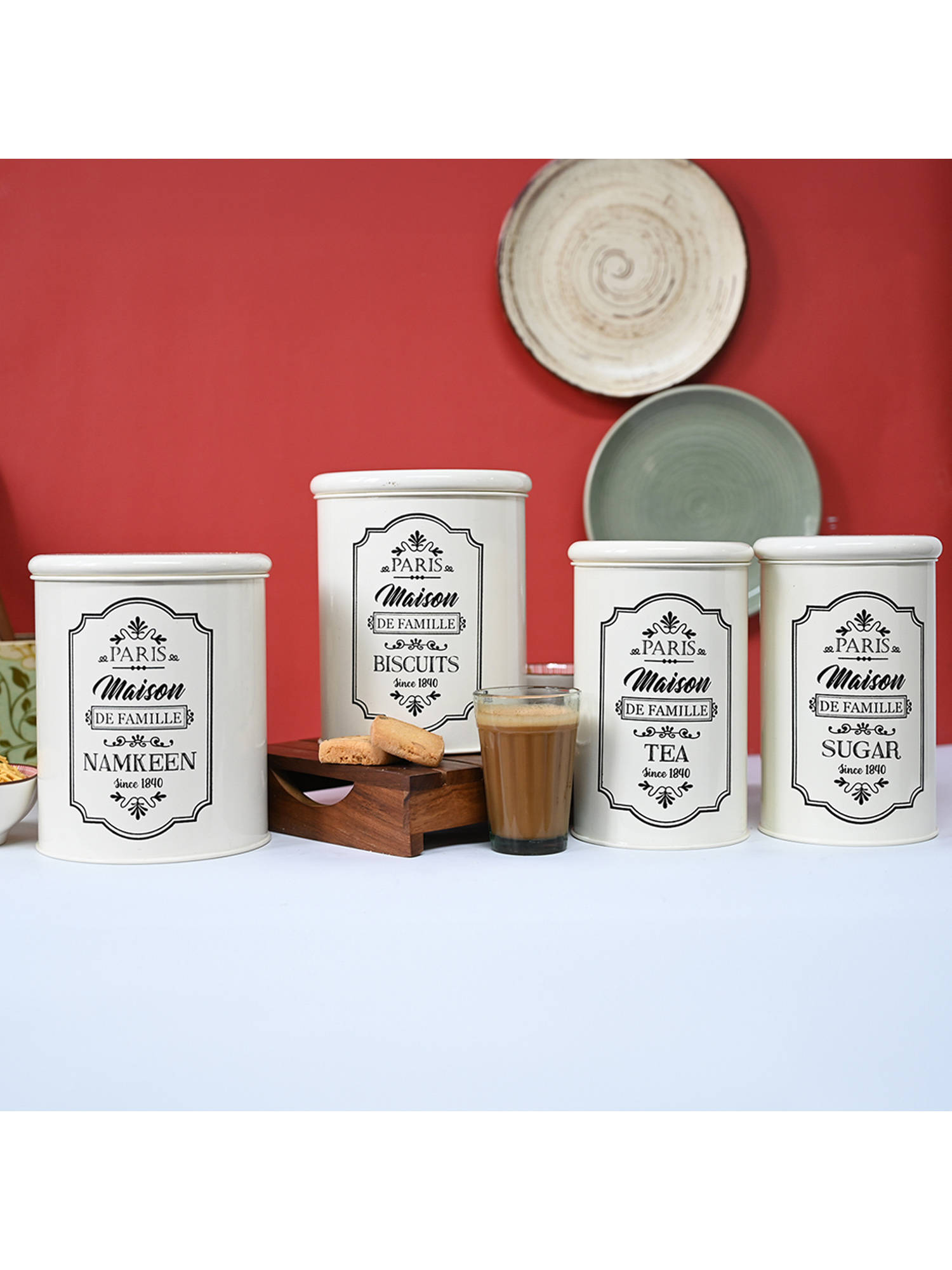 Voncasa Metal Tea Sugar Cookie And Namkeen Jar (Pack of 4)