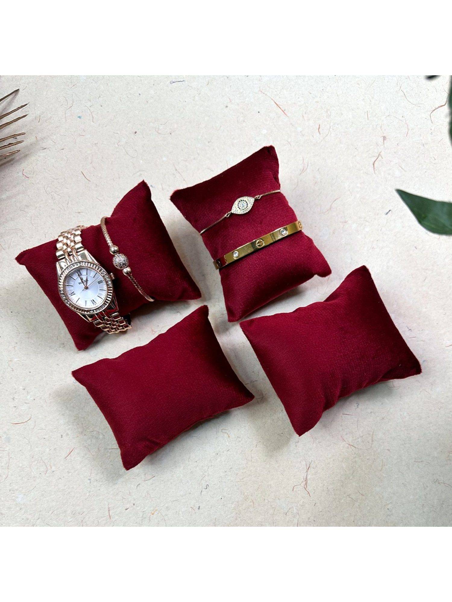 NAAYVA Premium Maroon Velvet 4-Piece Watch Organizer and Watch Display Pillow Set