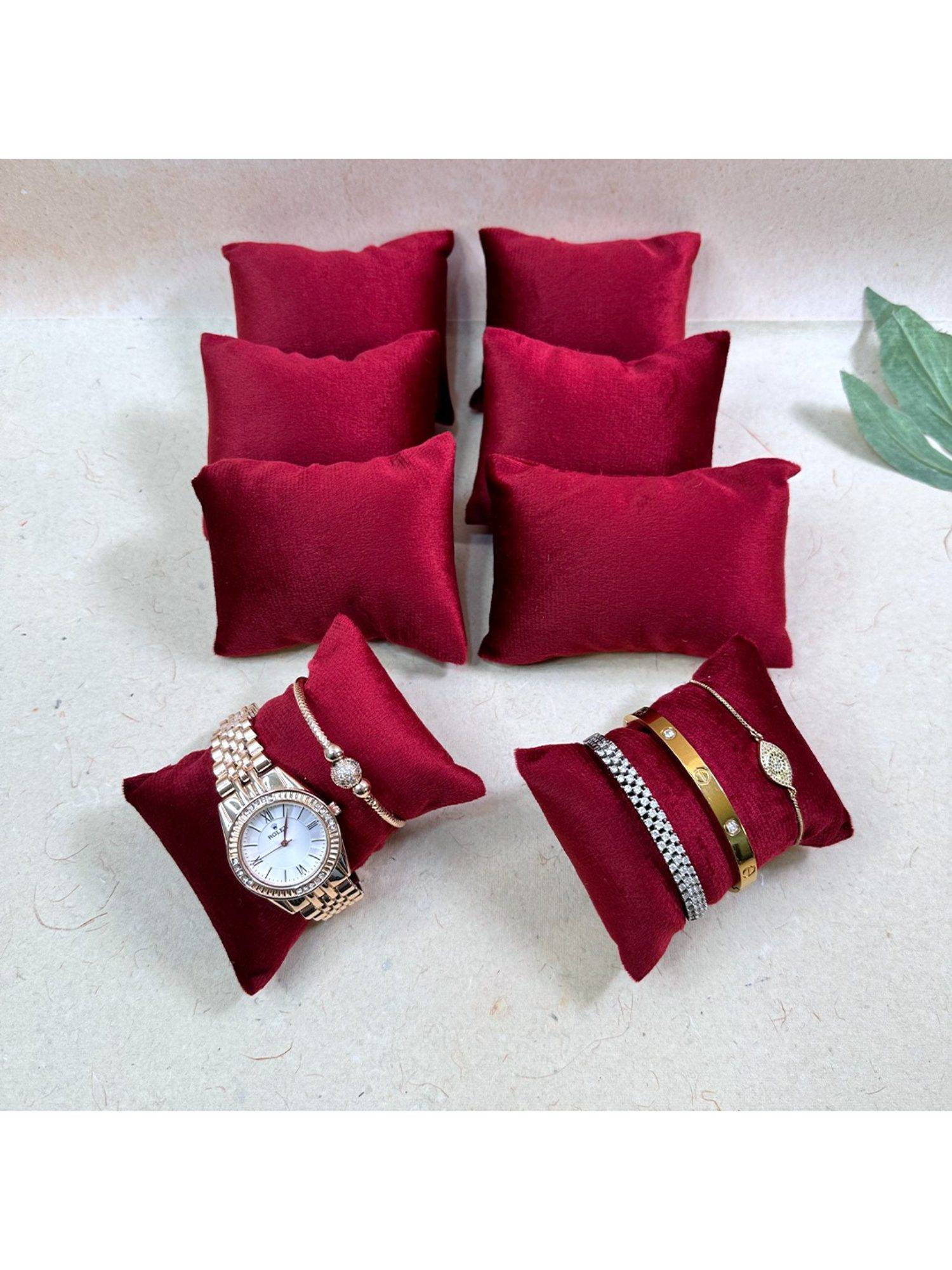 NAAYVA Premium Maroon Velvet 8-Piece Watch Organizer and Watch Display Pillow Set