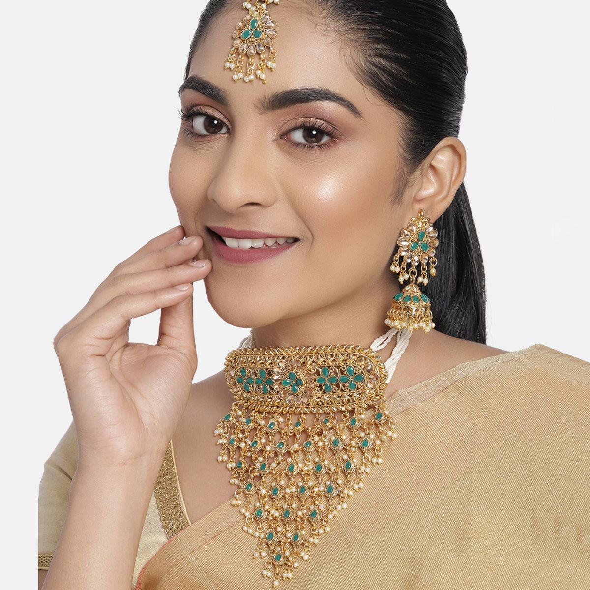 Zaveri Pearls Green Stones V (shaped 