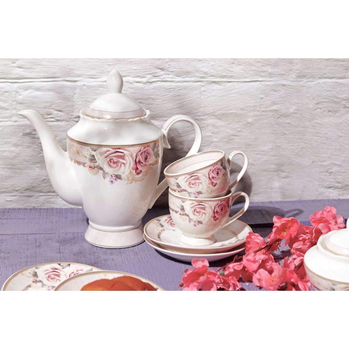 Buy Gold Roses Tea Set (6 Cups & 6 Saucers Milk Pot Sugar Pot