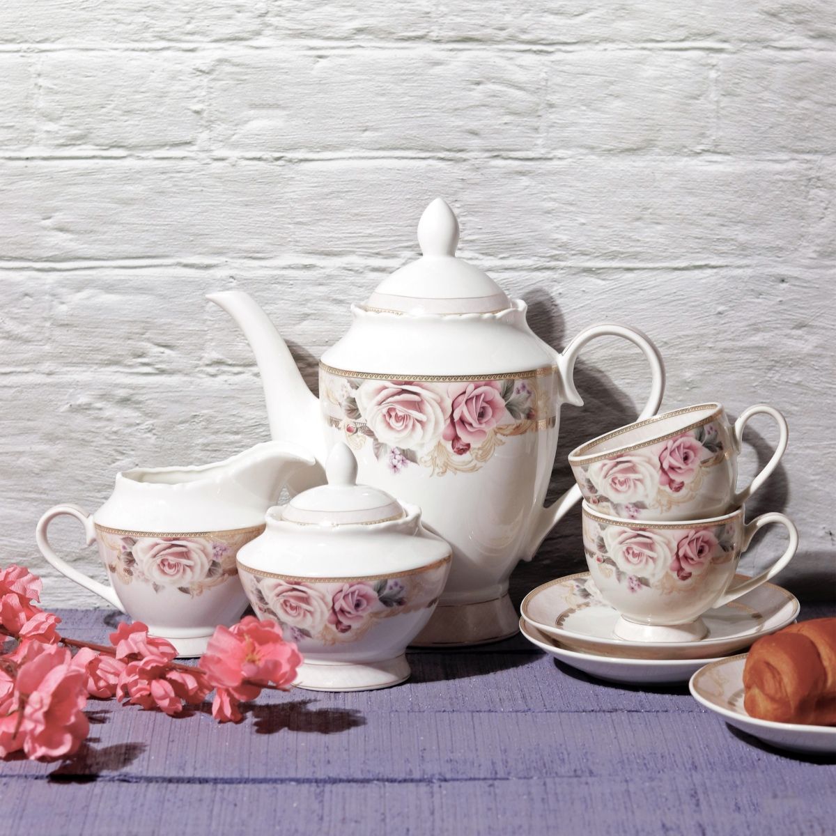 Buy Gold Roses Tea Set (6 Cups & 6 Saucers Milk Pot Sugar Pot