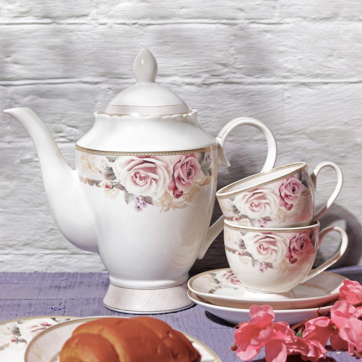 Buy Gold Roses Tea Set (6 Cups & 6 Saucers Milk Pot Sugar Pot