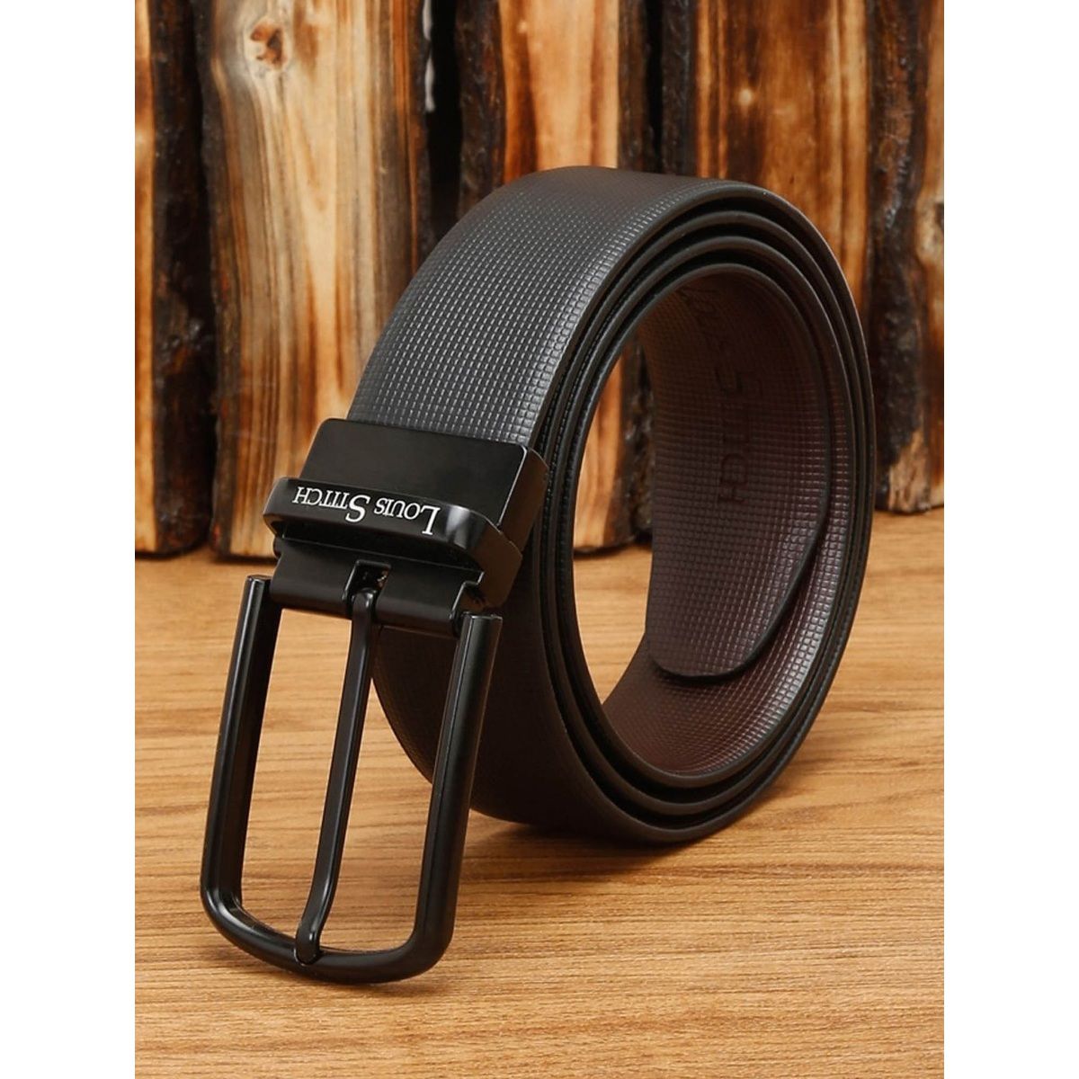 LOUIS STITCH Men's Reversible Brown and Black Italian Leather Belt with Golden Buckle (Prague_RPGD)