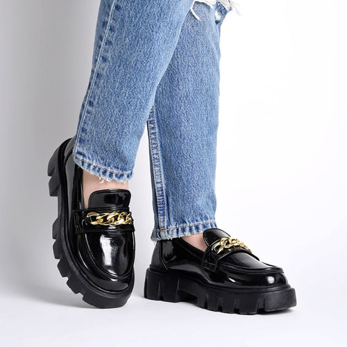 Buy Shoetopia Smart Casual Chain Detailed Black Loafers For Women