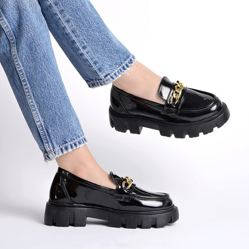 Buy Shoetopia Smart Casual Chain Detailed Black Loafers For Women