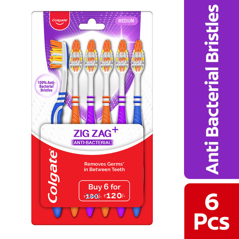 Colgate ZigZag Antibacterial Medium Bristle Toothbrush - 6 Pcs