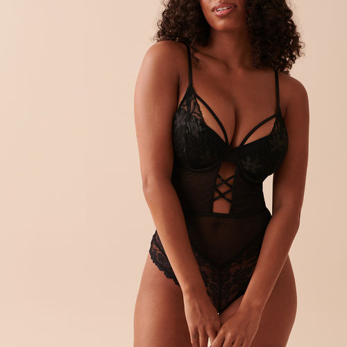 Lace and Mesh Push-up Teddy - Black