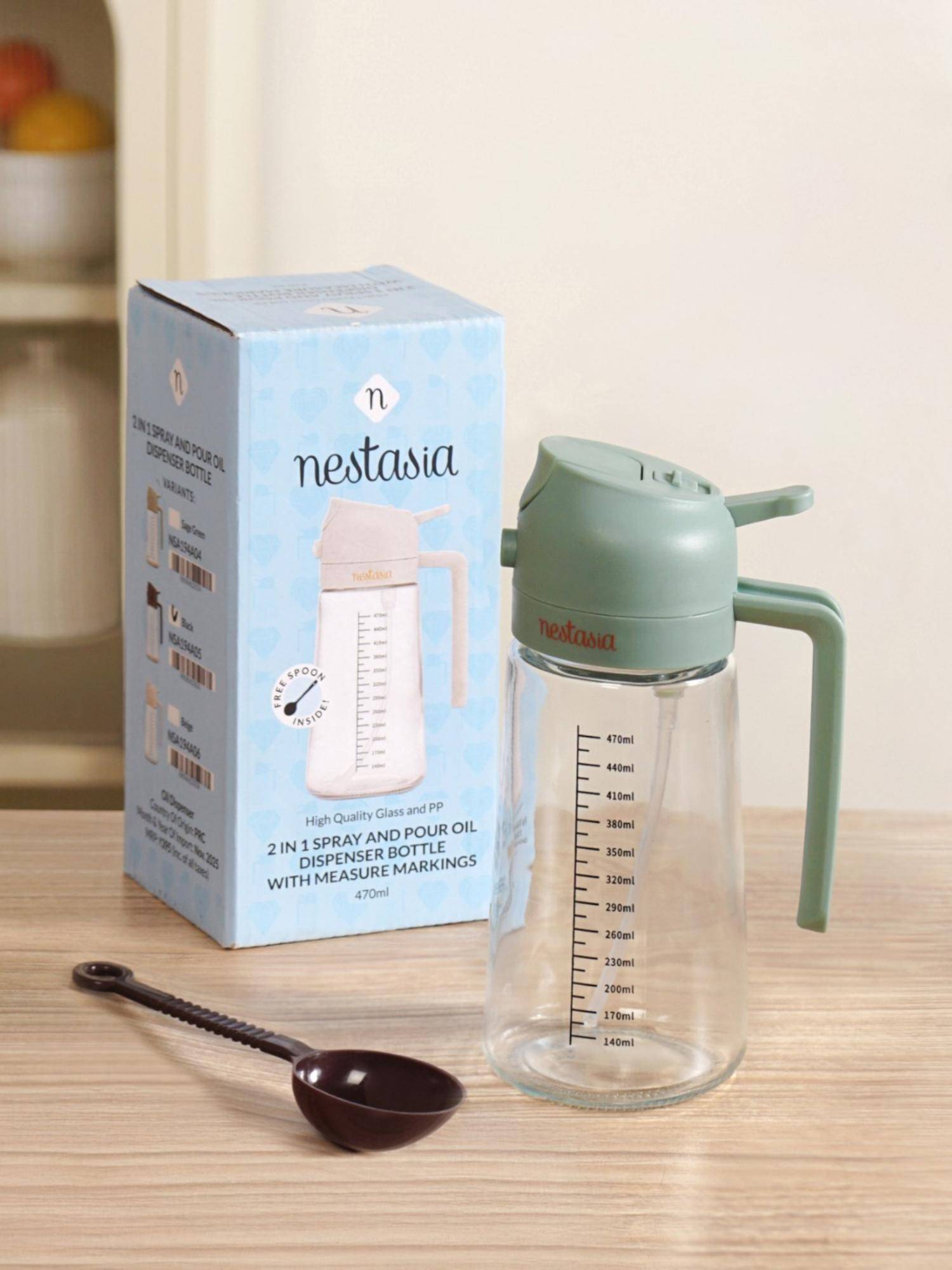 Nestasia 1 Pc Spray And Pour Oil Dispenser Bottle Green 470Ml With Spoon