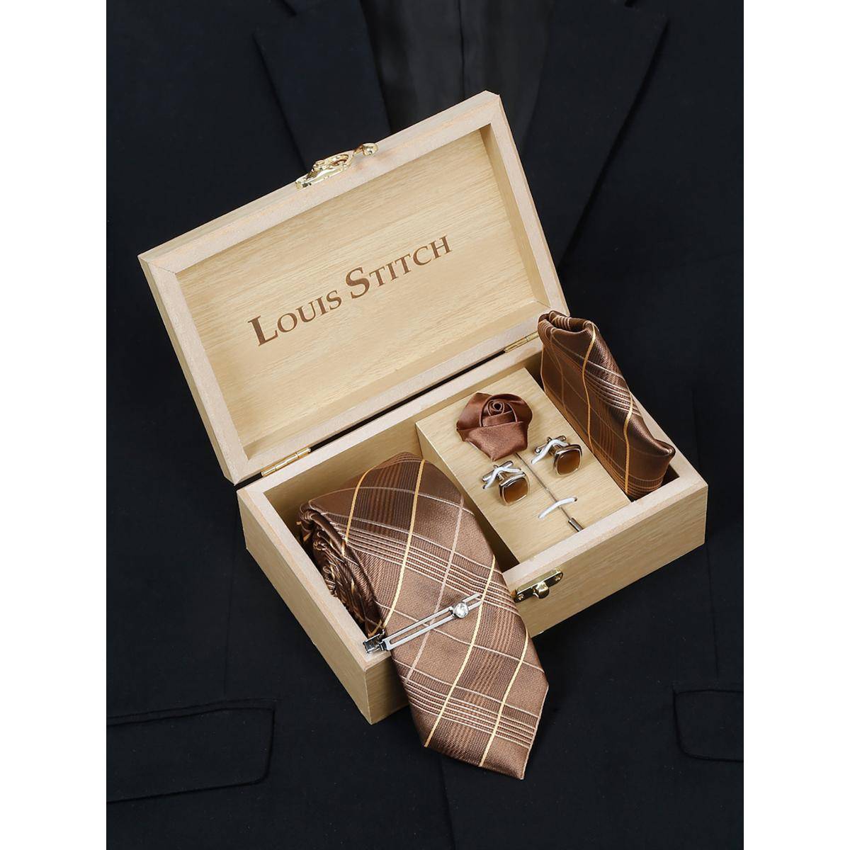 Louis Stitch Men Checkered Brown Silk Necktie Accessory Gift Set