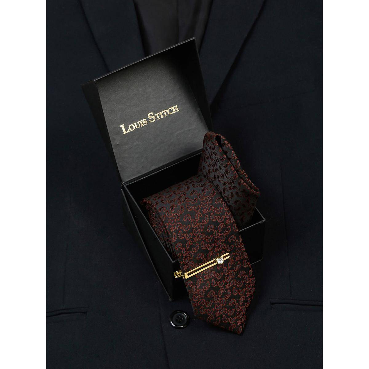 Louis Stitch Men Black Silk Necktie Accessory Gift Set
