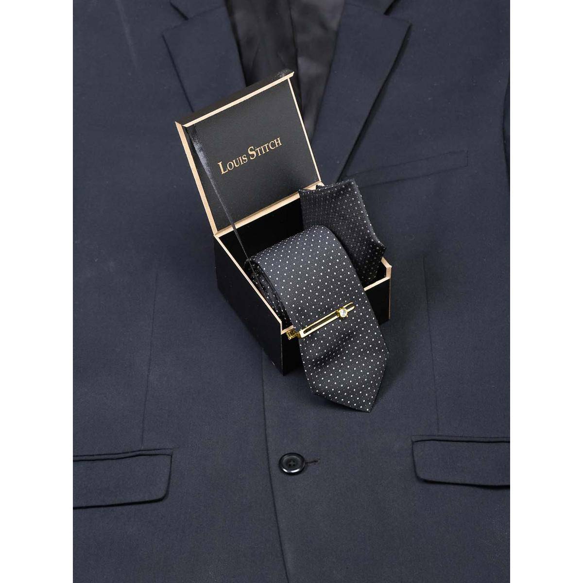 Louis Stitch Men Polka Black Silk Necktie Accessory Gift Set
