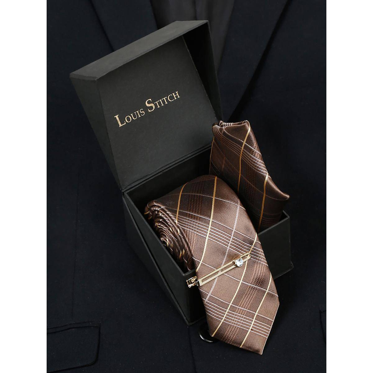 Louis Stitch Men Checkered Brown Silk Necktie Accessory Gift Set