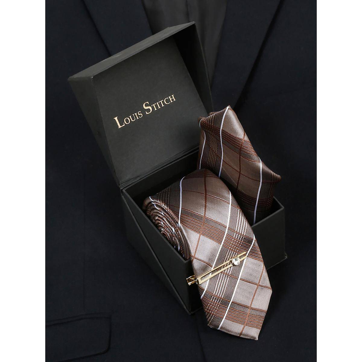 Louis Stitch Men Checkered Brown Silk Necktie Accessory Gift Set