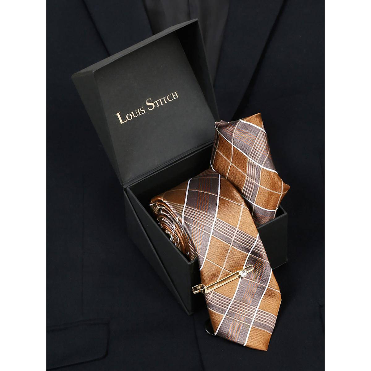 Louis Stitch Men Checkered Brown Silk Necktie Accessory Gift Set