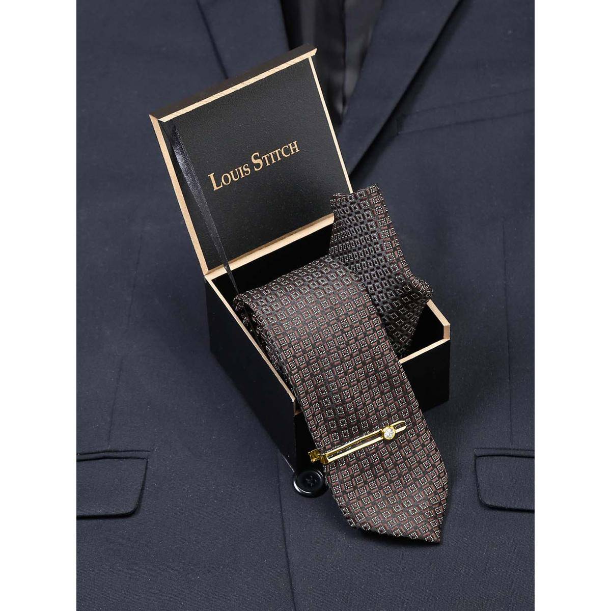 Louis Stitch Men Chocolate Brown Silk Necktie Accessory Gift Set