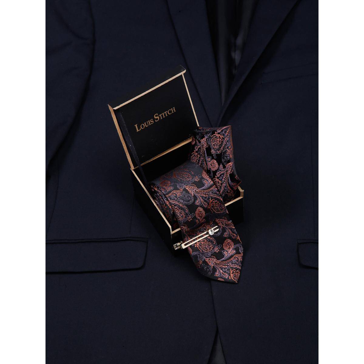 Louis Stitch Men Floral Brown Silk Necktie Accessory Gift Set