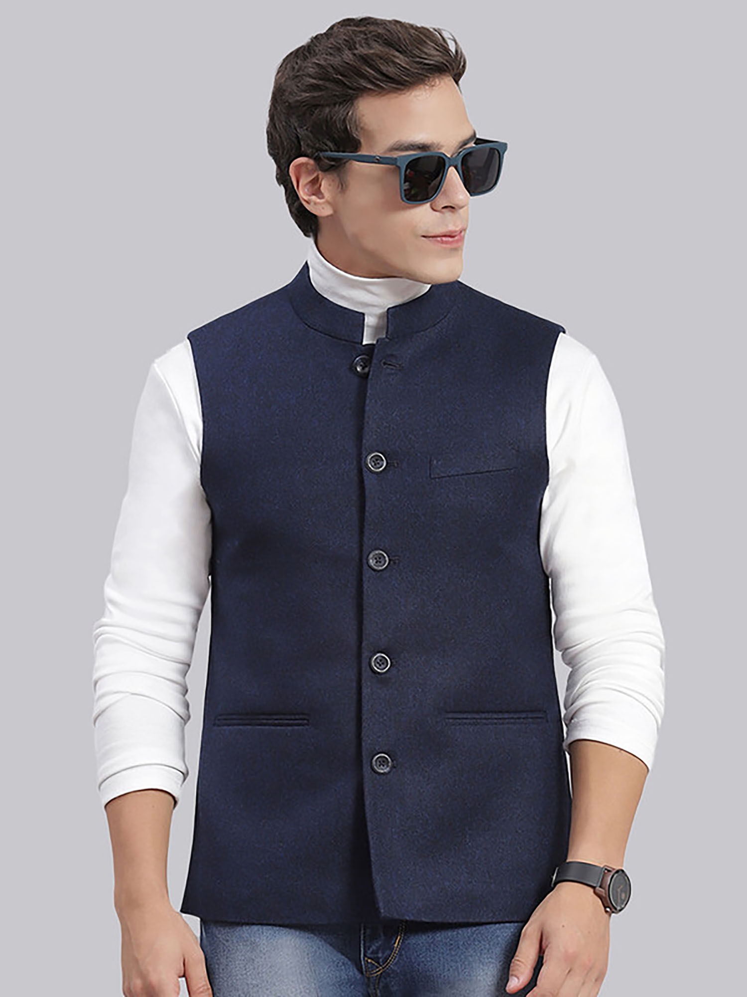 Buy Monte Carlo Blue Solid Mandarin Collar Nehru Jacket Online